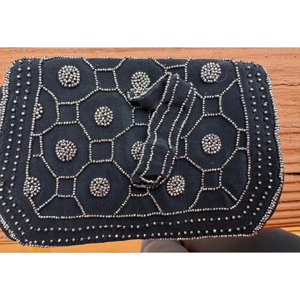 Vintage art deco beaded Black Silver flapper style clutch belt bag handmade 20s